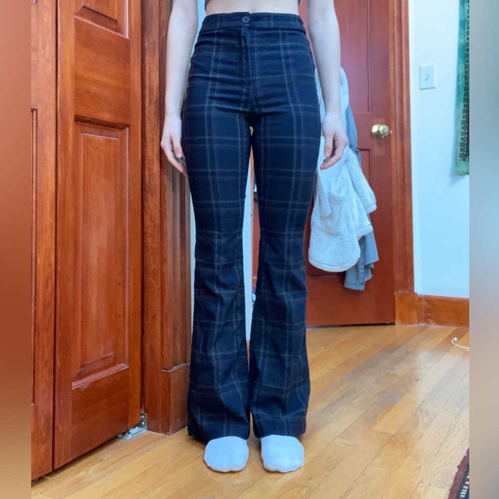 Garage Plaid Flare Pants; Size XS; Navy Blue/Black